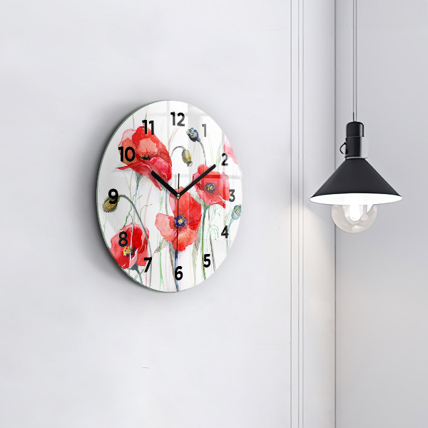 Round glass wall clock Painted Red Poppies