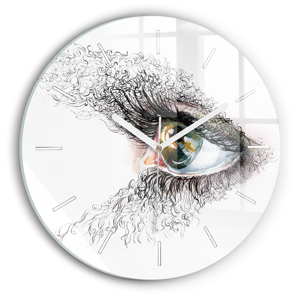 Round glass wall clock Drawing of a human eye