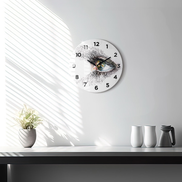 Round glass wall clock Drawing of a human eye