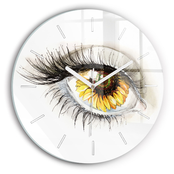 Round glass wall clock Sunflower flower in the eye
