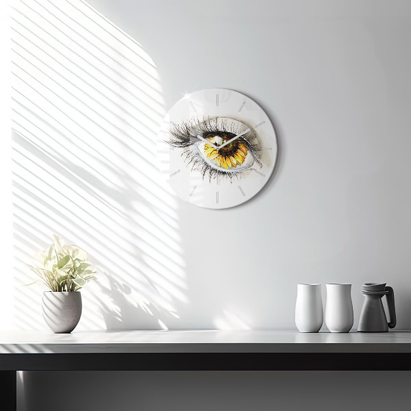 Round glass wall clock Sunflower flower in the eye