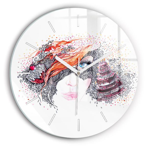 Round glass wall clock Sweet woman with cake