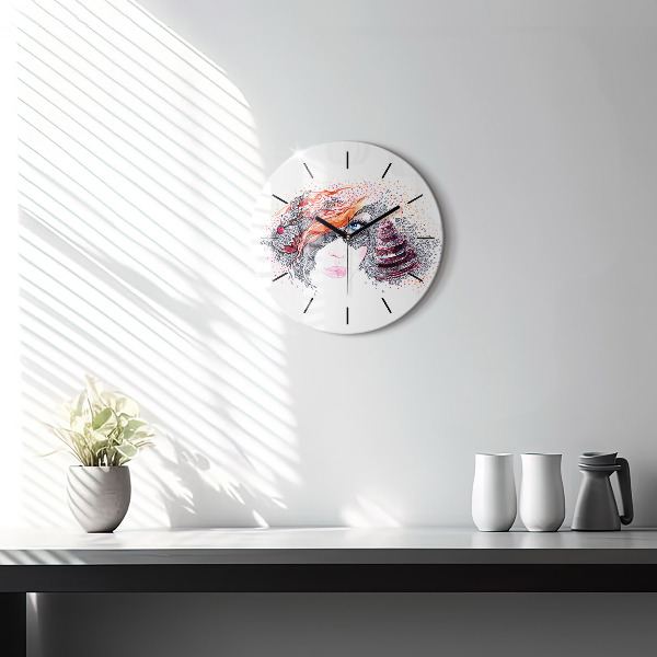 Round glass wall clock Sweet woman with cake