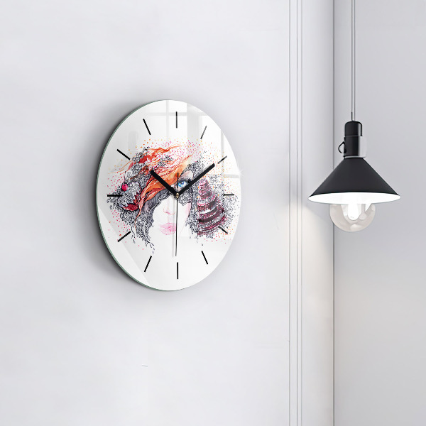 Round glass wall clock Sweet woman with cake