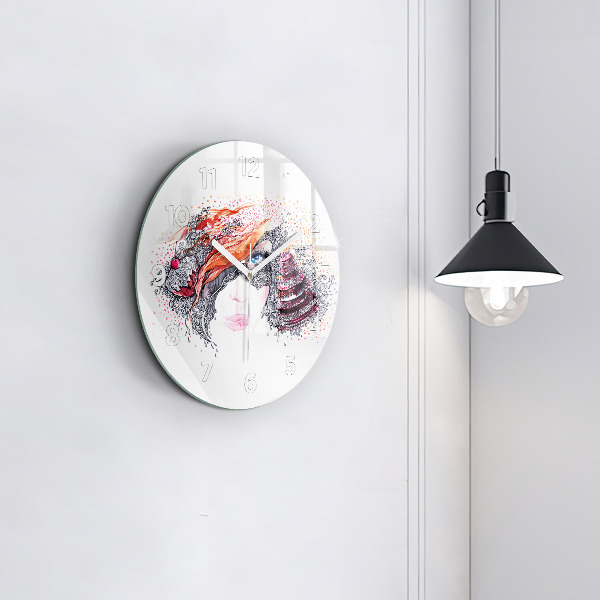 Round glass wall clock Sweet woman with cake