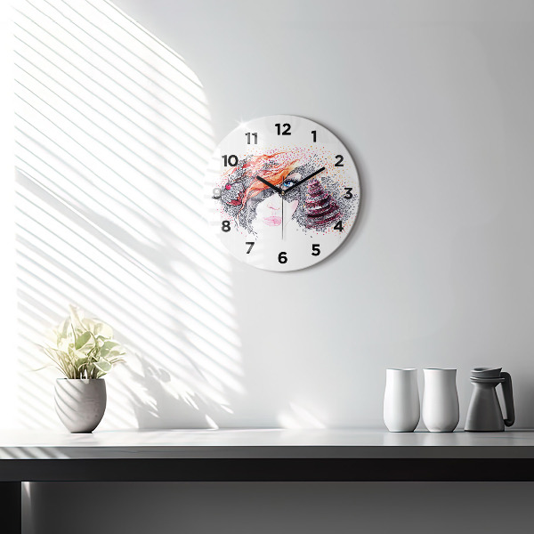 Round glass wall clock Sweet woman with cake