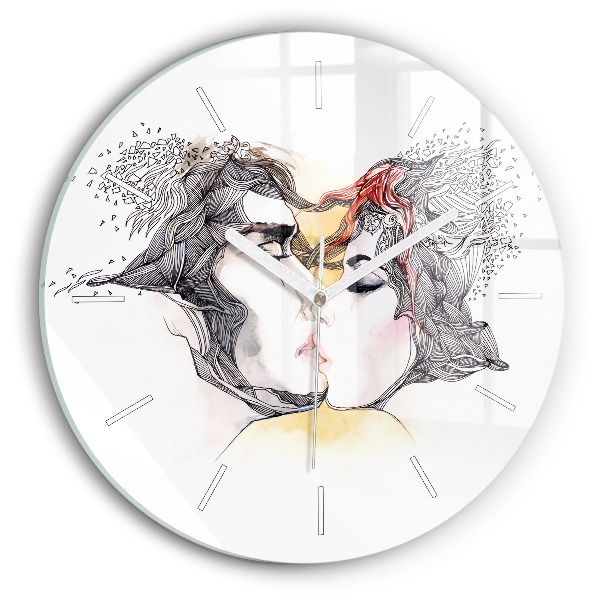 Round glass wall clock Love kiss drawing