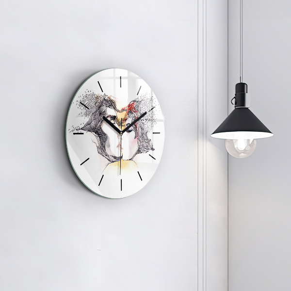 Round glass wall clock Love kiss drawing