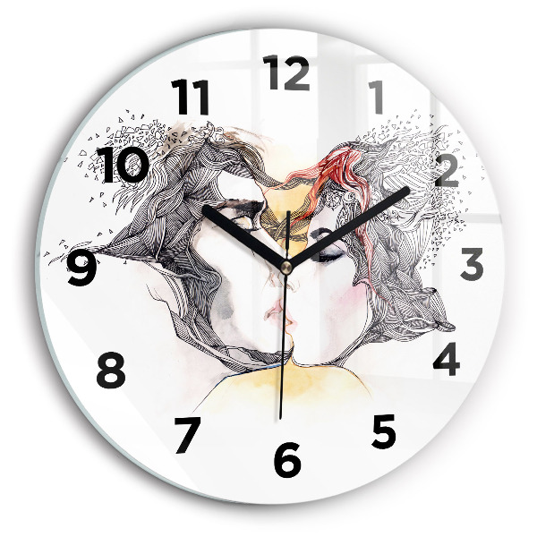 Round glass wall clock Love kiss drawing