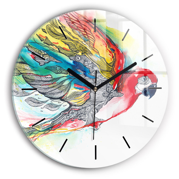 Round glass wall clock Colorful Parrot in Flight