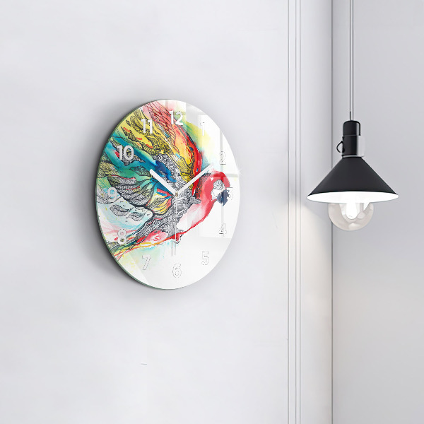 Round glass wall clock Colorful Parrot in Flight