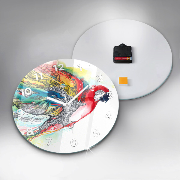 Round glass wall clock Colorful Parrot in Flight