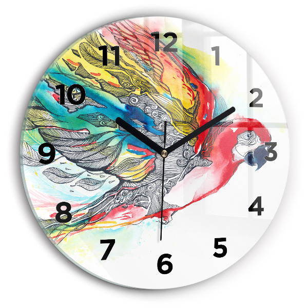 Round glass wall clock Colorful Parrot in Flight