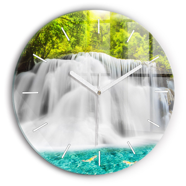 Round glass wall clock Waterfall in Thailand