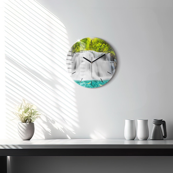 Round glass wall clock Waterfall in Thailand