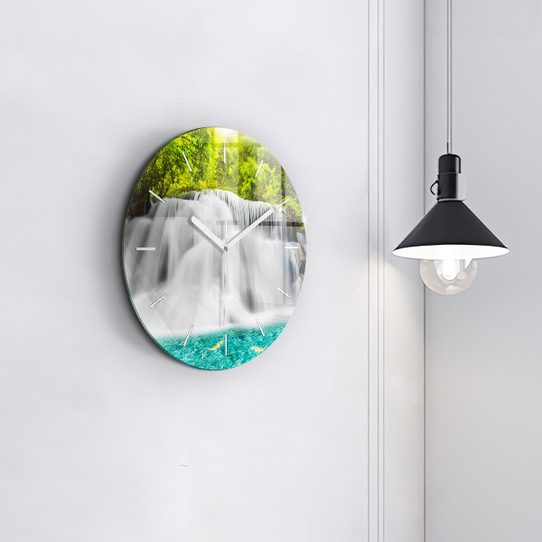 Round glass wall clock Waterfall in Thailand