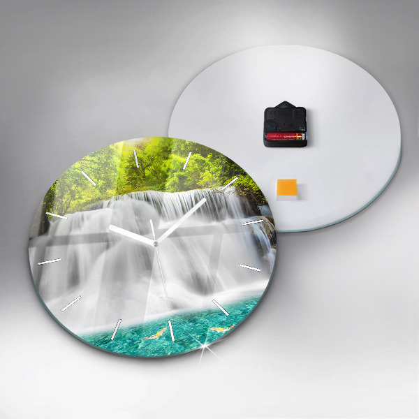 Round glass wall clock Waterfall in Thailand