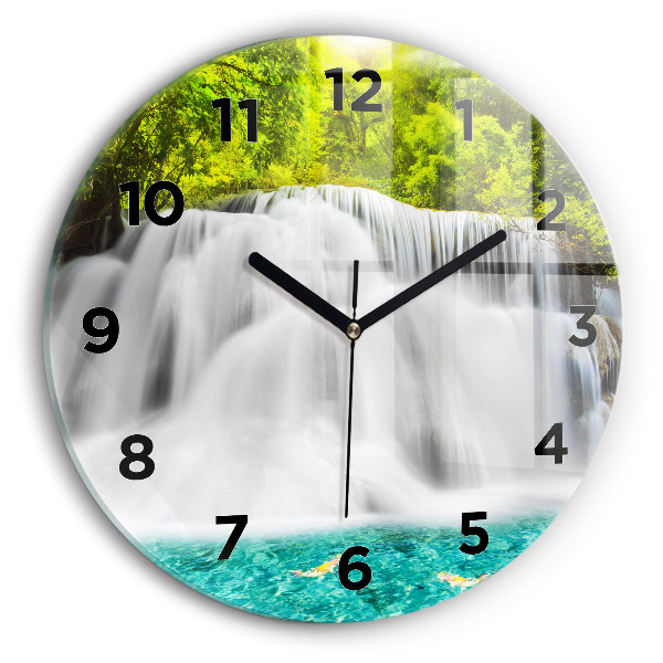 Round glass wall clock Waterfall in Thailand