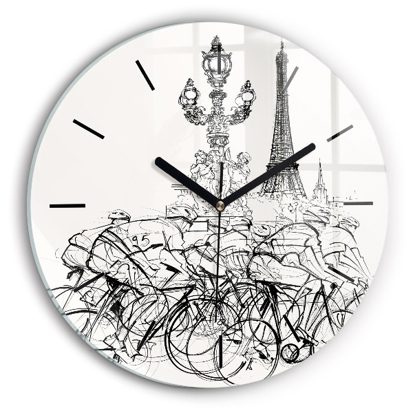 Round glass wall clock Cycling race drawing