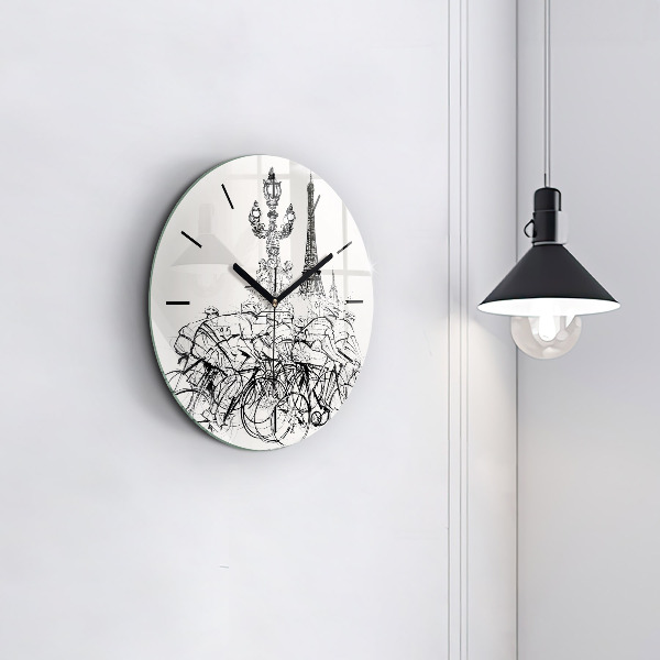 Round glass wall clock Cycling race drawing