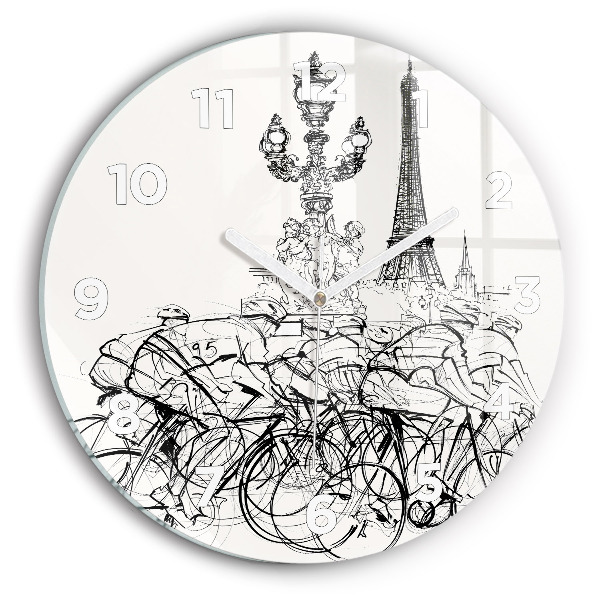 Round glass wall clock Cycling race drawing