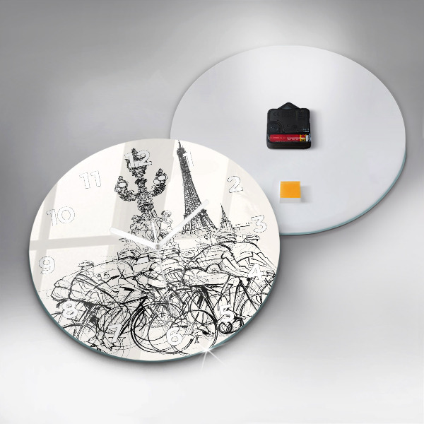 Round glass wall clock Cycling race drawing