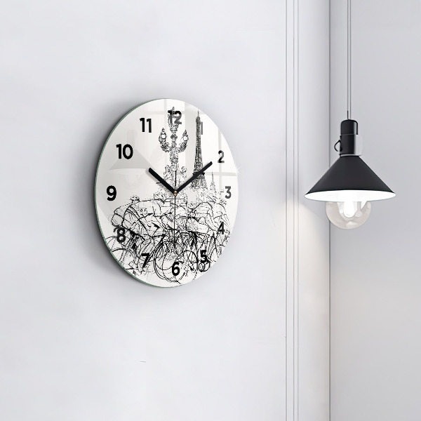 Round glass wall clock Cycling race drawing