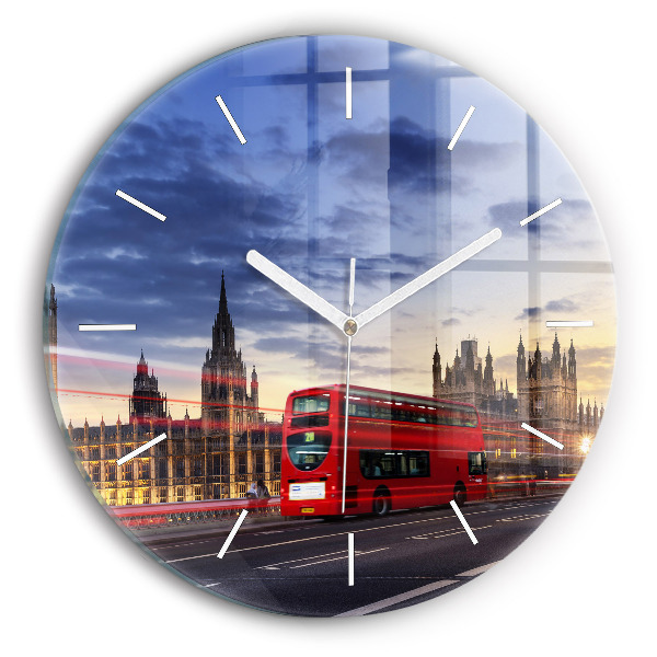 Round glass wall clock Red London Bus