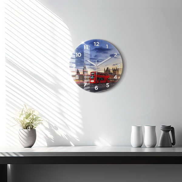 Round glass wall clock Red London Bus