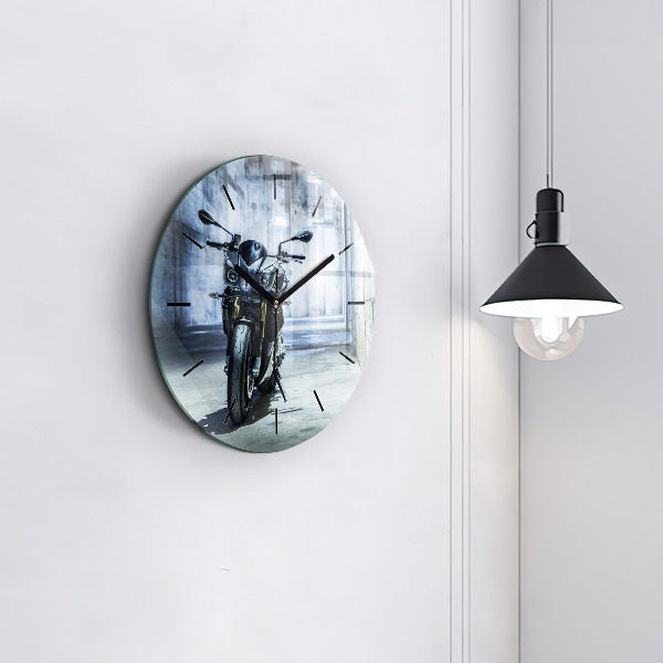 Round glass wall clock Motorcycle in the alley