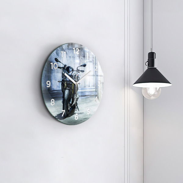 Round glass wall clock Motorcycle in the alley