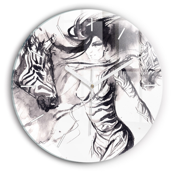 Round glass wall clock Woman and zebras