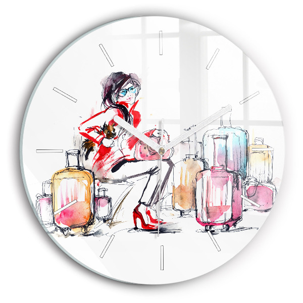 Round glass wall clock Woman with suitcases