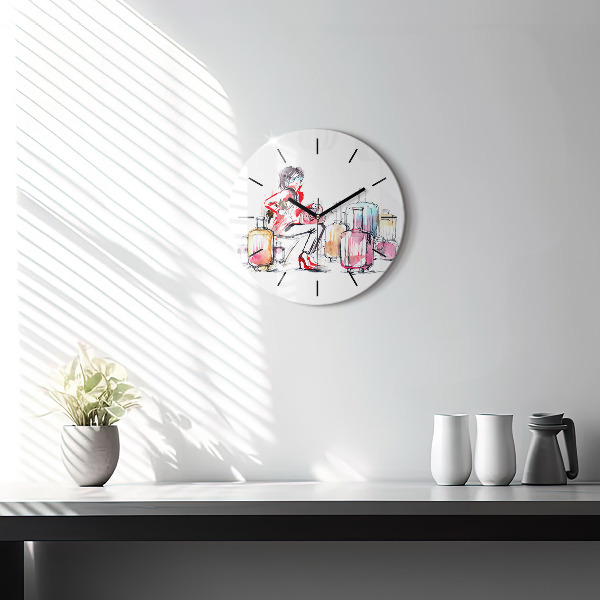 Round glass wall clock Woman with suitcases