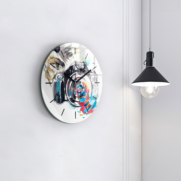Round glass wall clock Woman photographer