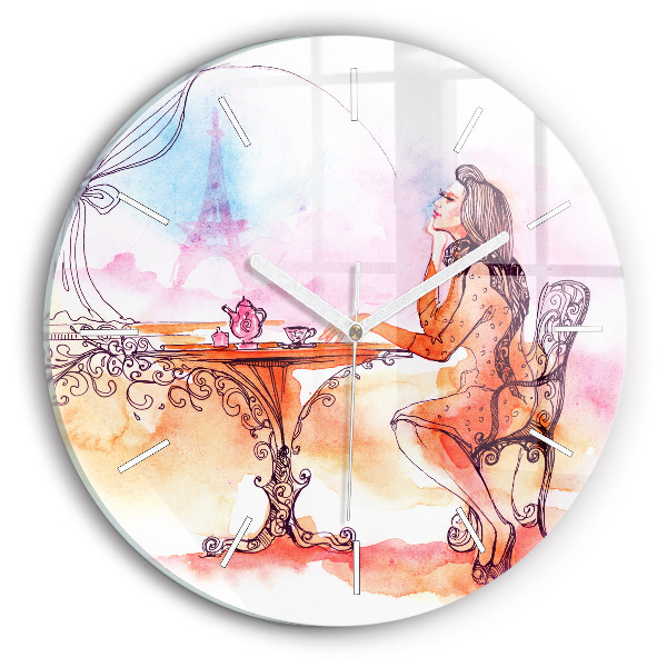 Round glass wall clock Woman drinking tea