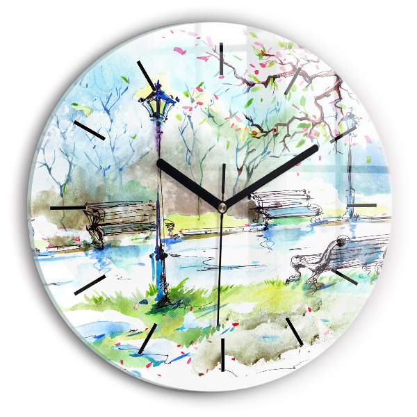 Round glass wall clock Picturesque spring