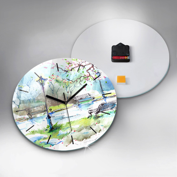 Round glass wall clock Picturesque spring