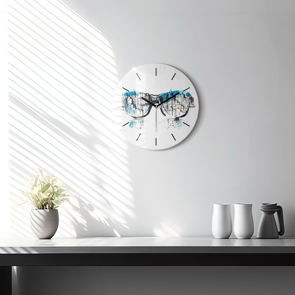 Round glass wall clock City in glasses