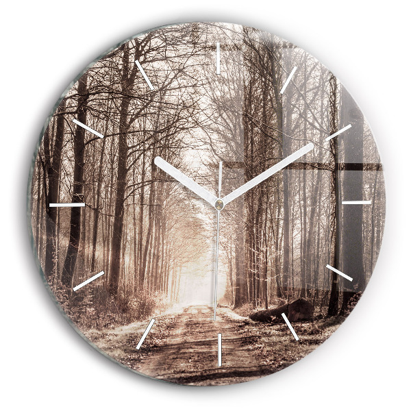 Round glass wall clock Forest path in sepia
