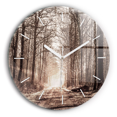 Round glass wall clock Forest path in sepia