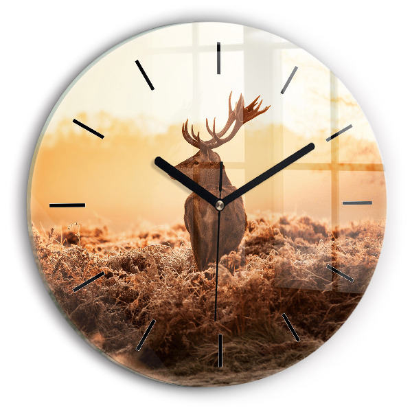 Round glass wall clock Deer at sunrise