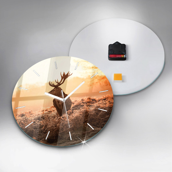 Round glass wall clock Deer at sunrise