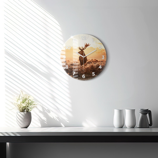 Round glass wall clock Deer at sunrise