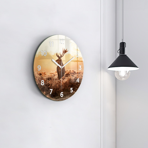 Round glass wall clock Deer at sunrise