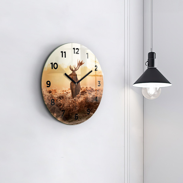 Round glass wall clock Deer at sunrise