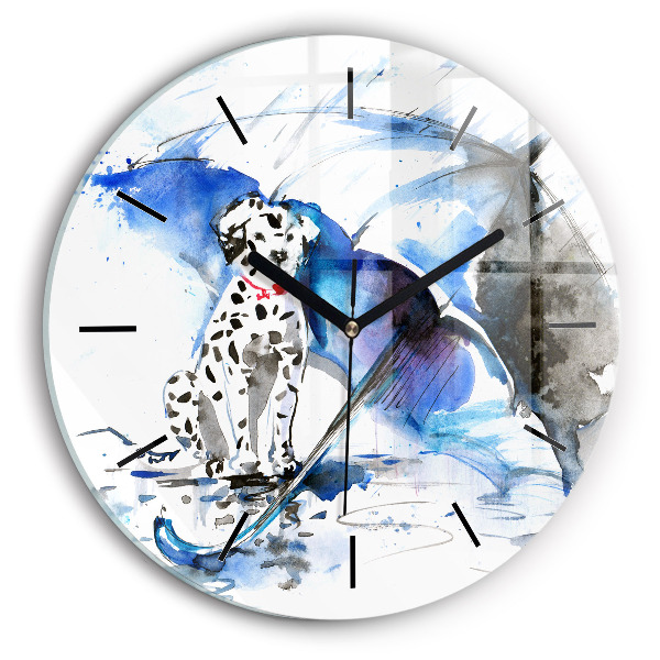 Round glass wall clock Dalmatian and Umbrella