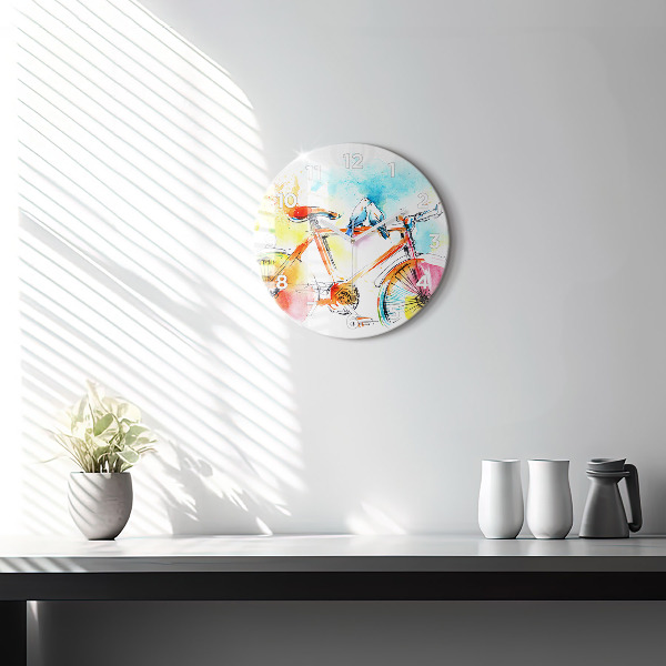 Round glass wall clock Painted bike