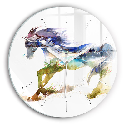 Round glass wall clock Painted Mountains and Horse