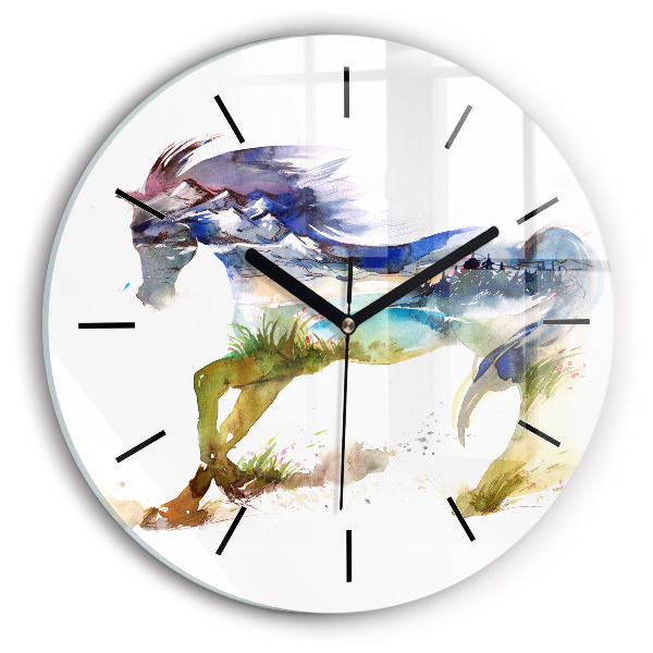 Round glass wall clock Painted Mountains and Horse